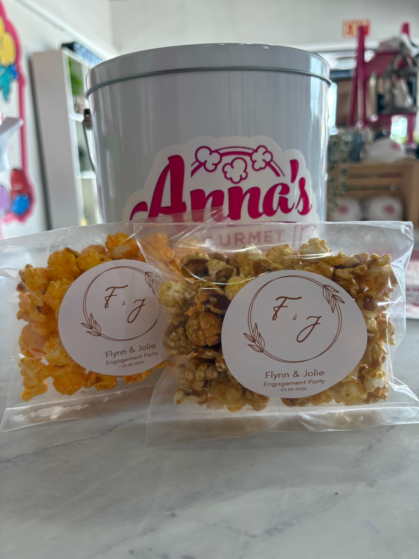 Flynn & Jolie engagement party popcorn favors