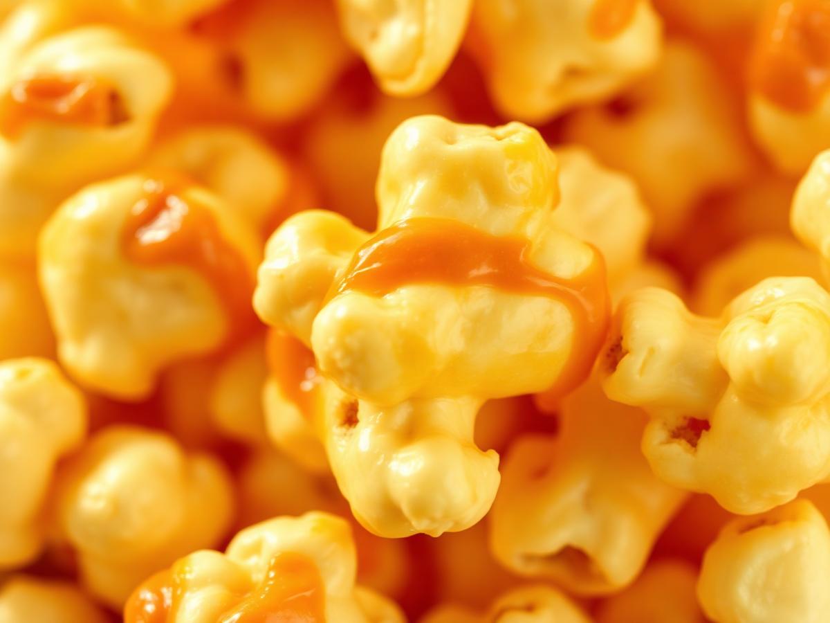 Close-up of glossy caramel-coated popcorn kernels
